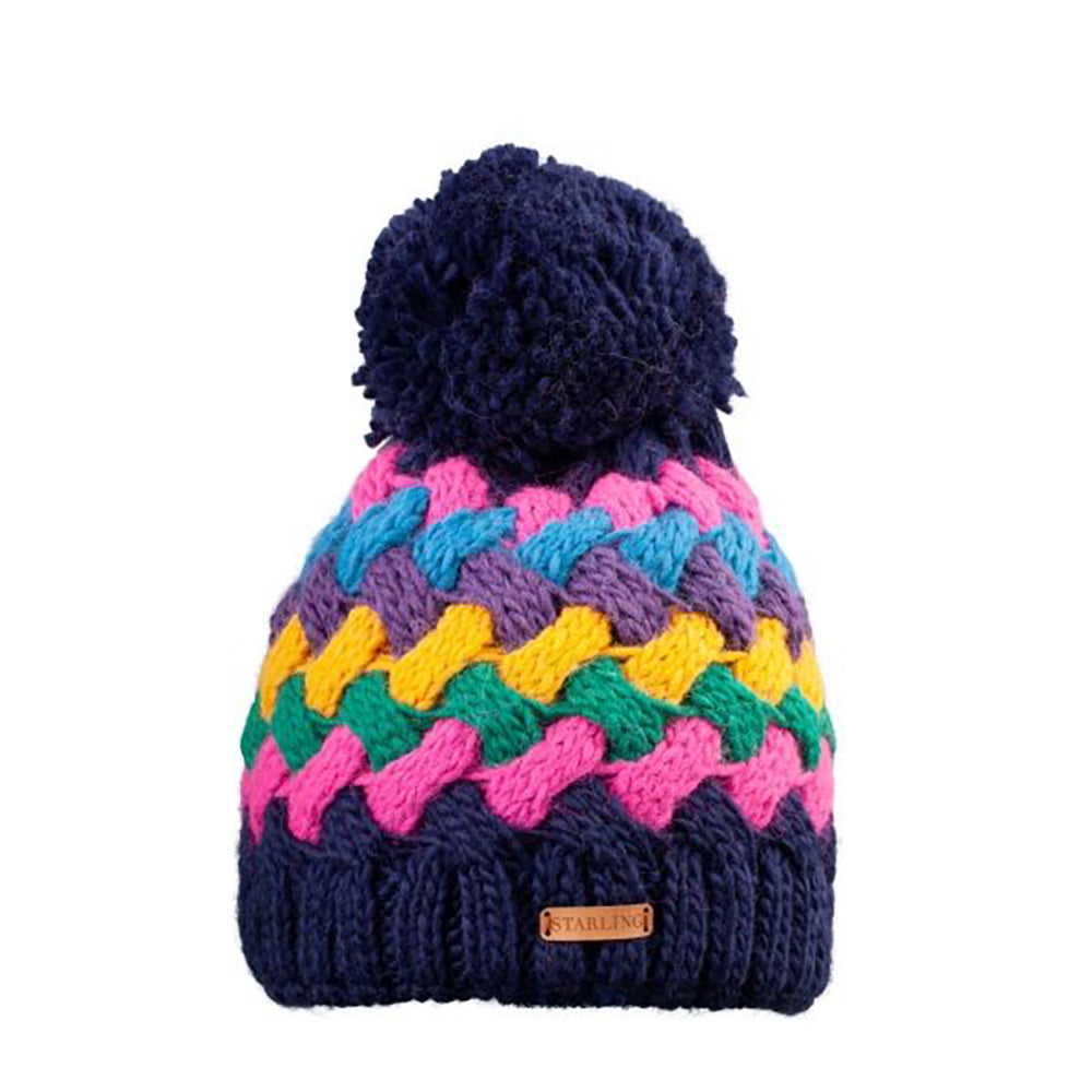 Woven Pom Pom Knit Hat - Navy Multi