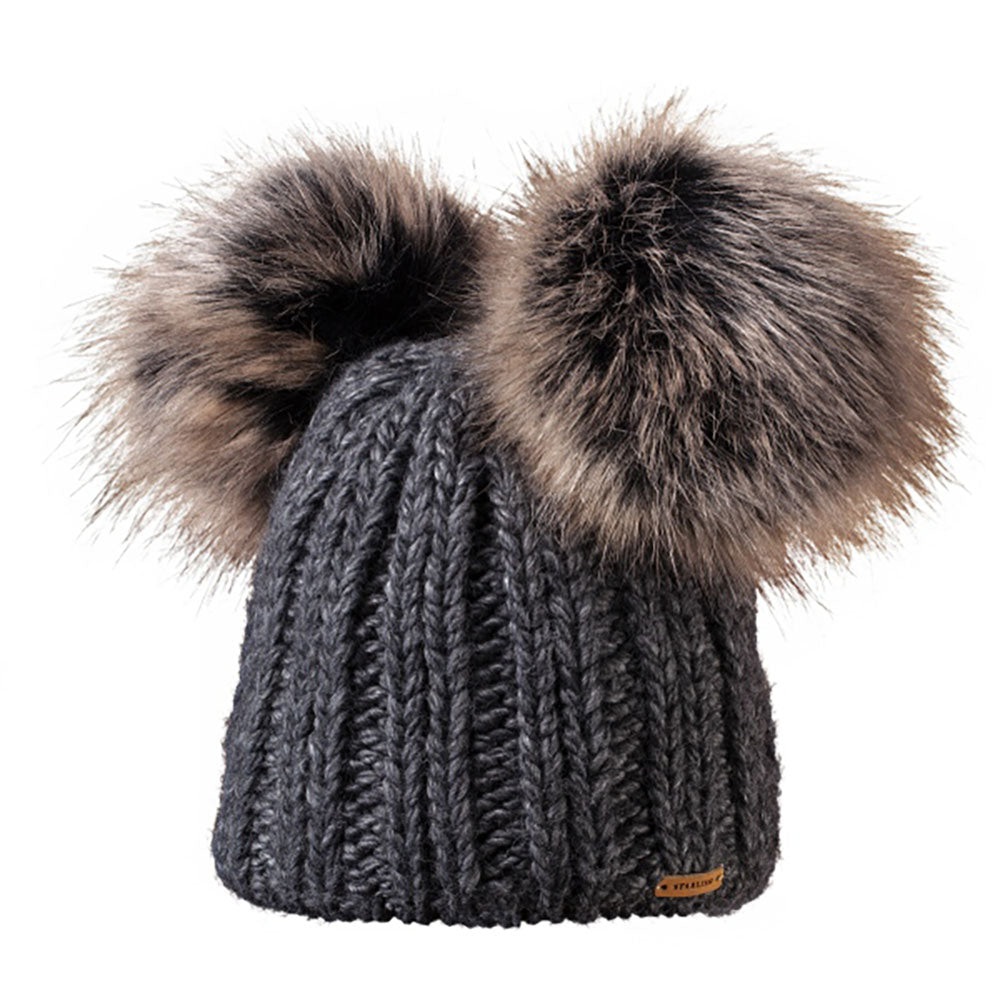 Cable Knit Double Pom Pom Hat - Dark Grey