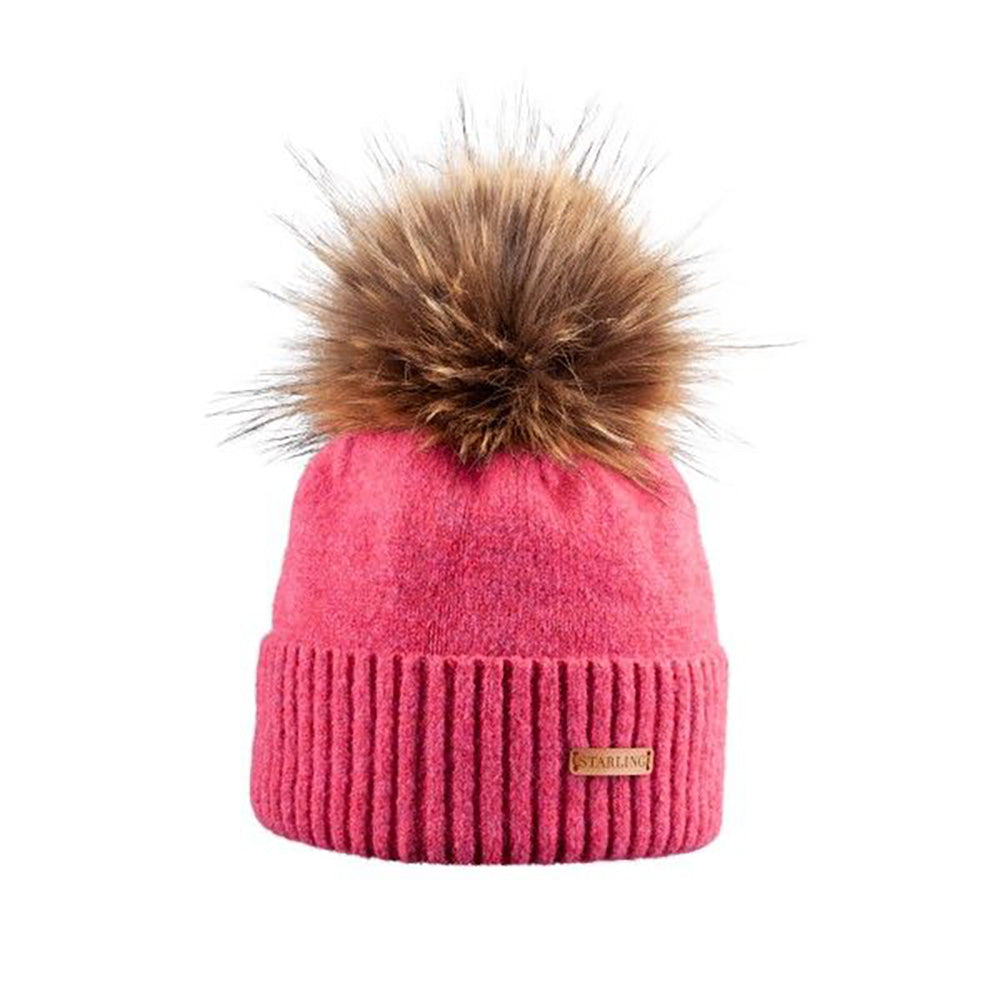 Ribbed Trim Faux Fur Bobble Hat - Pink