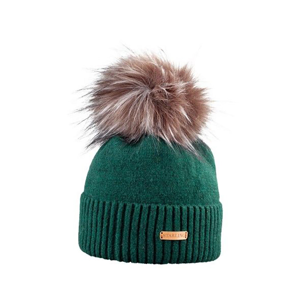 Ribbed Trim Faux Fur Bobble Hat - Green