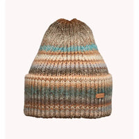 Knitted beanie with multicolor stripes on a white background