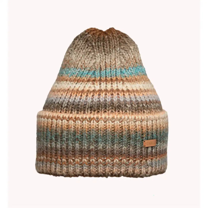 Knitted beanie with multicolor stripes on a white background