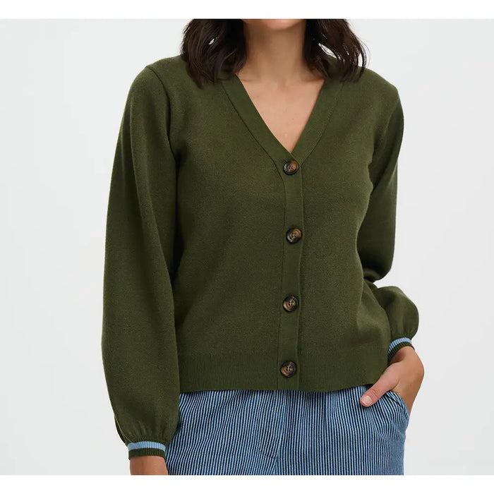 Front of khaki green cardigan with four buttons and v neckline. Pale blue trim on sleeve cuff. 