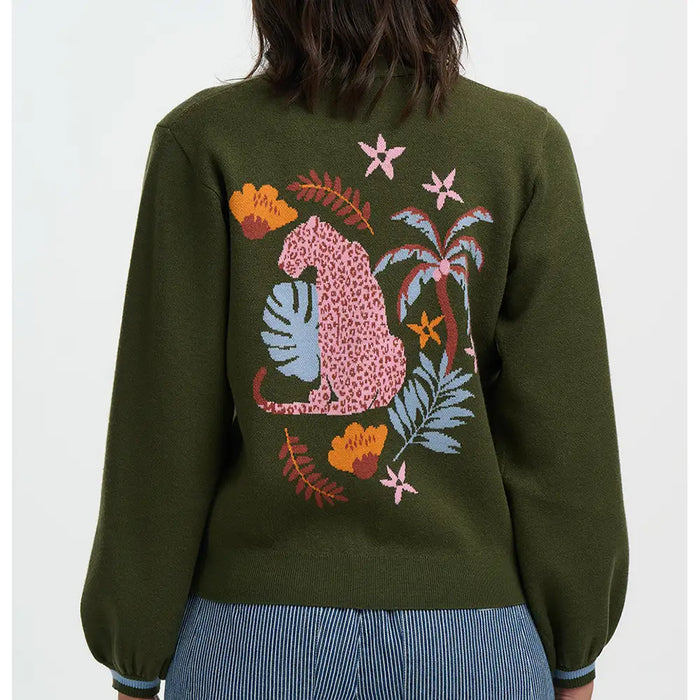 Back of Khaki Cardigan with long sleeves with a leopard, tree and leaf scene.