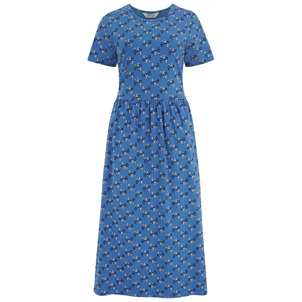 Blue dress with a pattern on a white background