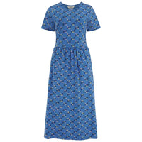 Blue dress with a pattern on a white background