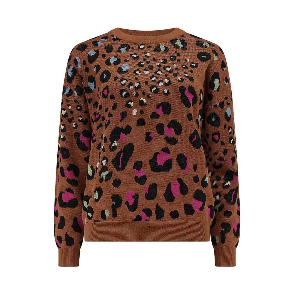 Brown sweater with a colorful leopard print pattern on a white background