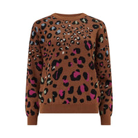 Brown sweater with a colorful leopard print pattern on a white background