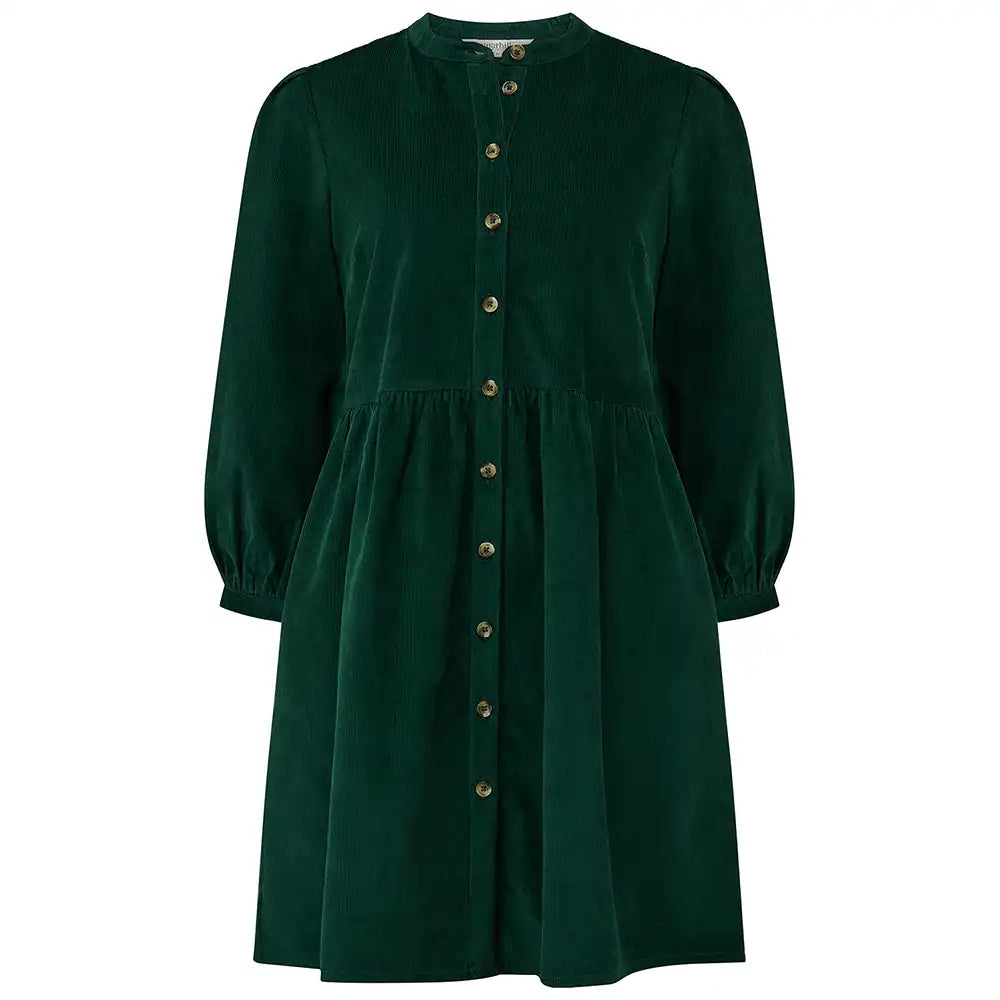 Green dress with button details on a white background