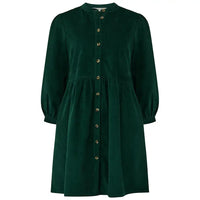 Green dress with button details on a white background