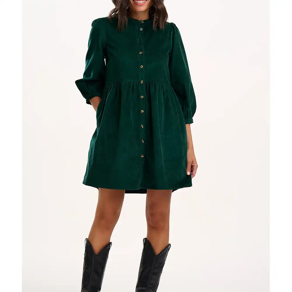 Brandy Mini Cord Smock Dress - Green Brandy Mini Cord Smock Dress - Green