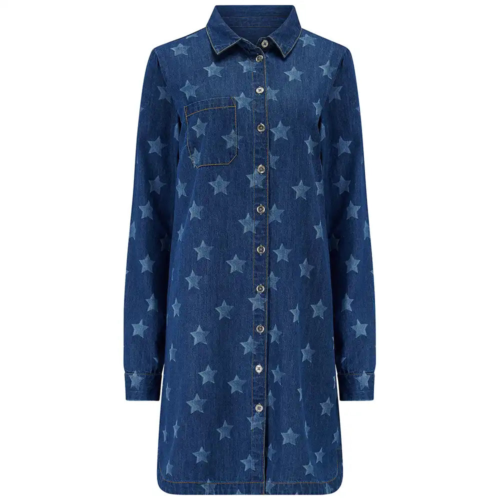 Blue denim shirt dress with star pattern on a white background