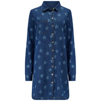 Blue denim shirt dress with star pattern on a white background