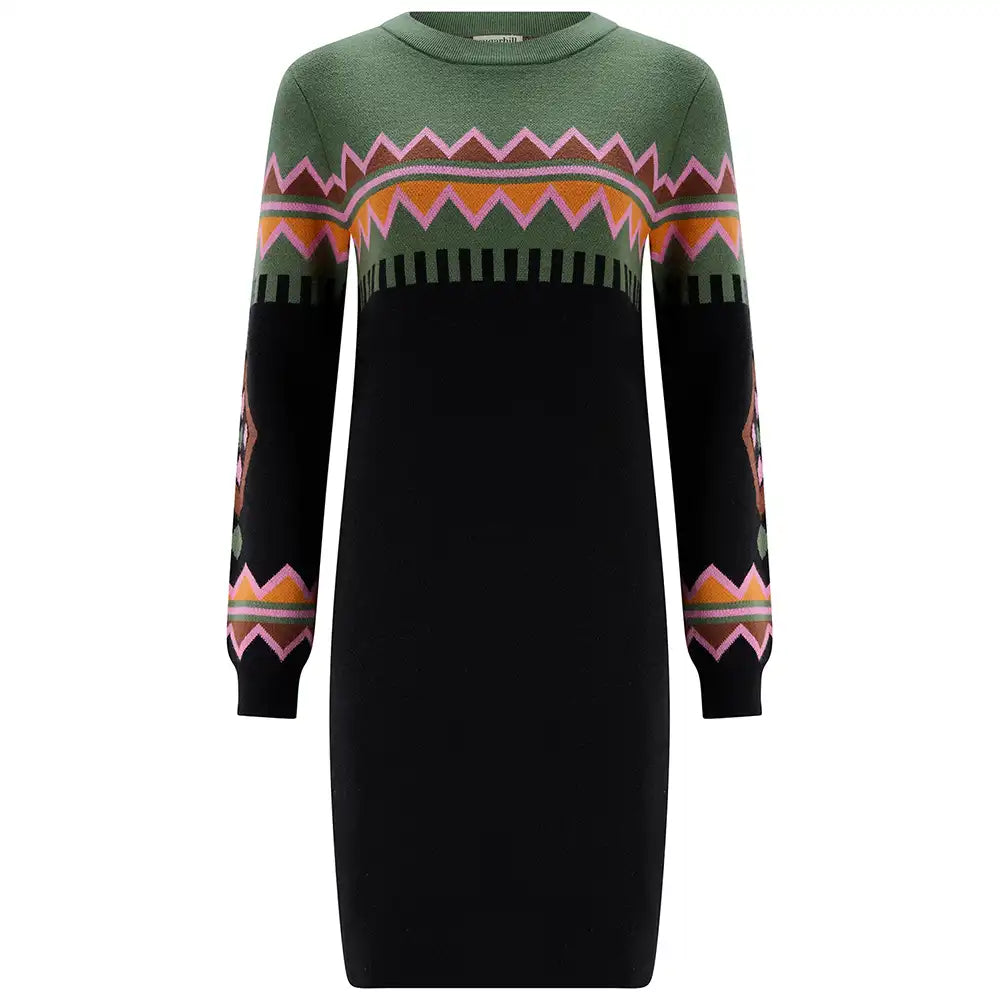 A long-sleeve knit sweater dress with a solid black lower body, an olive green upper section, and a colorful geometric pattern across the chest and sleeves in pink, orange, and white.