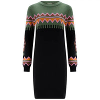 A long-sleeve knit sweater dress with a solid black lower body, an olive green upper section, and a colorful geometric pattern across the chest and sleeves in pink, orange, and white.