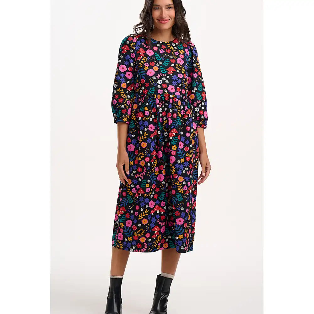 Maria Midi Smock Floral Toadstool Dress - Black