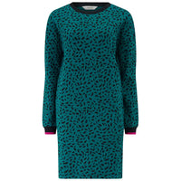 Teal dress with black pattern on a white background
