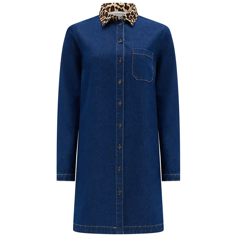 A dark blue denim shirt dress with a contrasting leopard-print collar, shown against a plain white background.