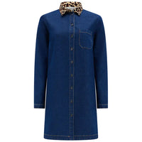 A dark blue denim shirt dress with a contrasting leopard-print collar, shown against a plain white background.