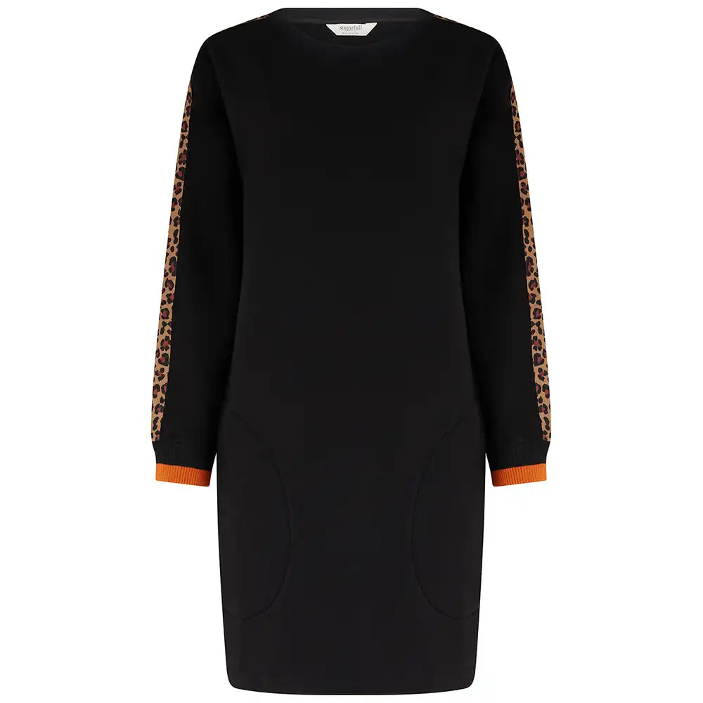 A black long-sleeve knit dress with leopard print panels on the sleeves and orange ribbed cuffs, shown against a plain white background.