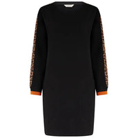 A black long-sleeve knit dress with leopard print panels on the sleeves and orange ribbed cuffs, shown against a plain white background.