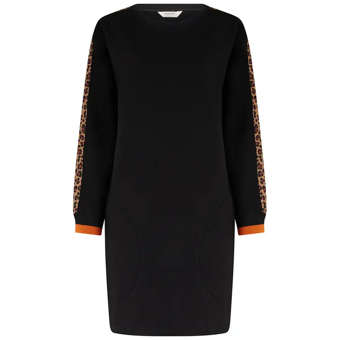 A black long-sleeve knit dress with leopard print panels on the sleeves and orange ribbed cuffs, shown against a plain white background.