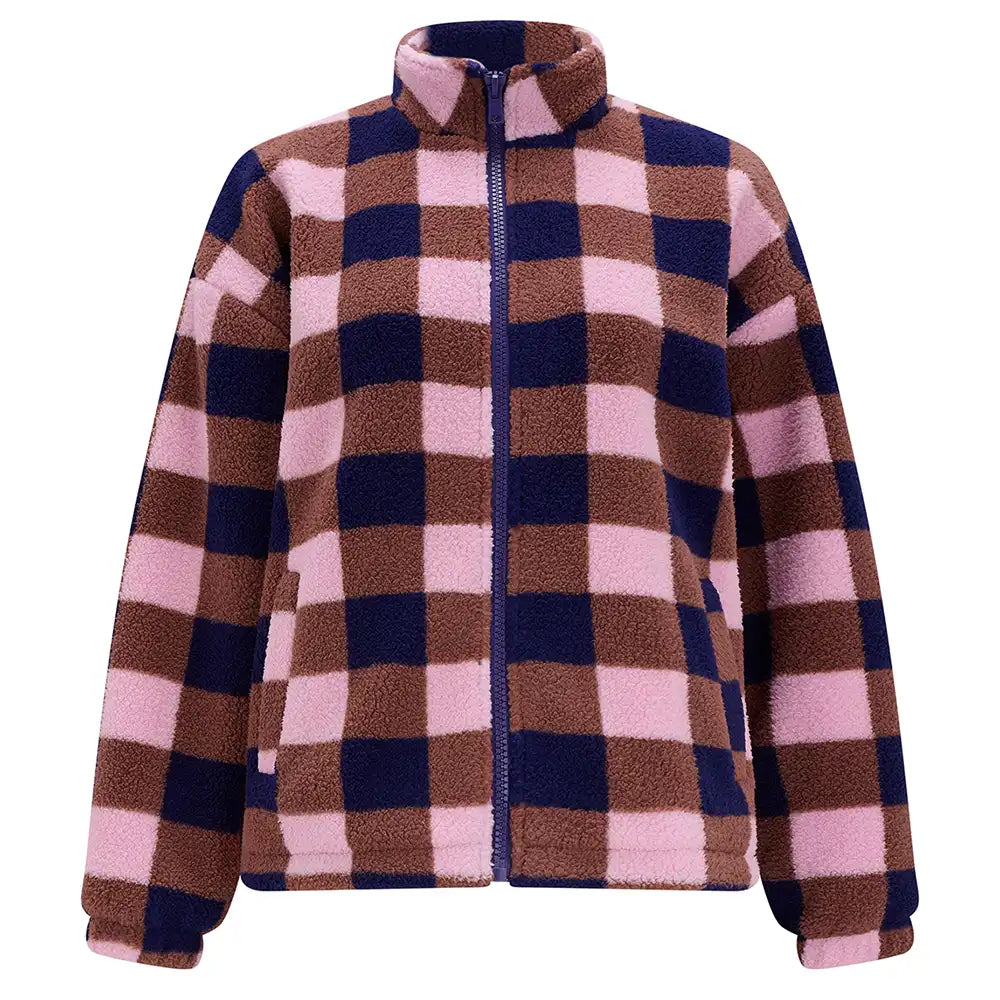 A fleece zip-up jacket with a pink, brown, and navy blue checkered pattern, shown against a plain white background.