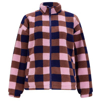 A fleece zip-up jacket with a pink, brown, and navy blue checkered pattern, shown against a plain white background.
