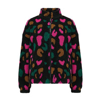 Black fleece jacket with colorful abstract pattern on a white background