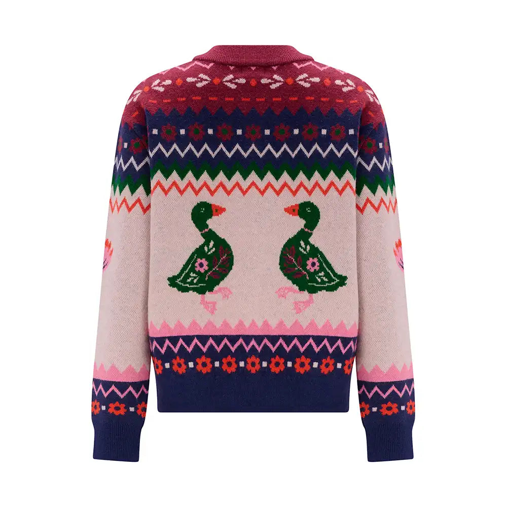 A multicolor knit crewneck sweater featuring two green ducks with pink beaks and floral details on the front, set against a cream base with a colorful Fair Isle pattern.