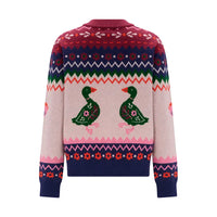 A multicolor knit crewneck sweater featuring two green ducks with pink beaks and floral details on the front, set against a cream base with a colorful Fair Isle pattern.