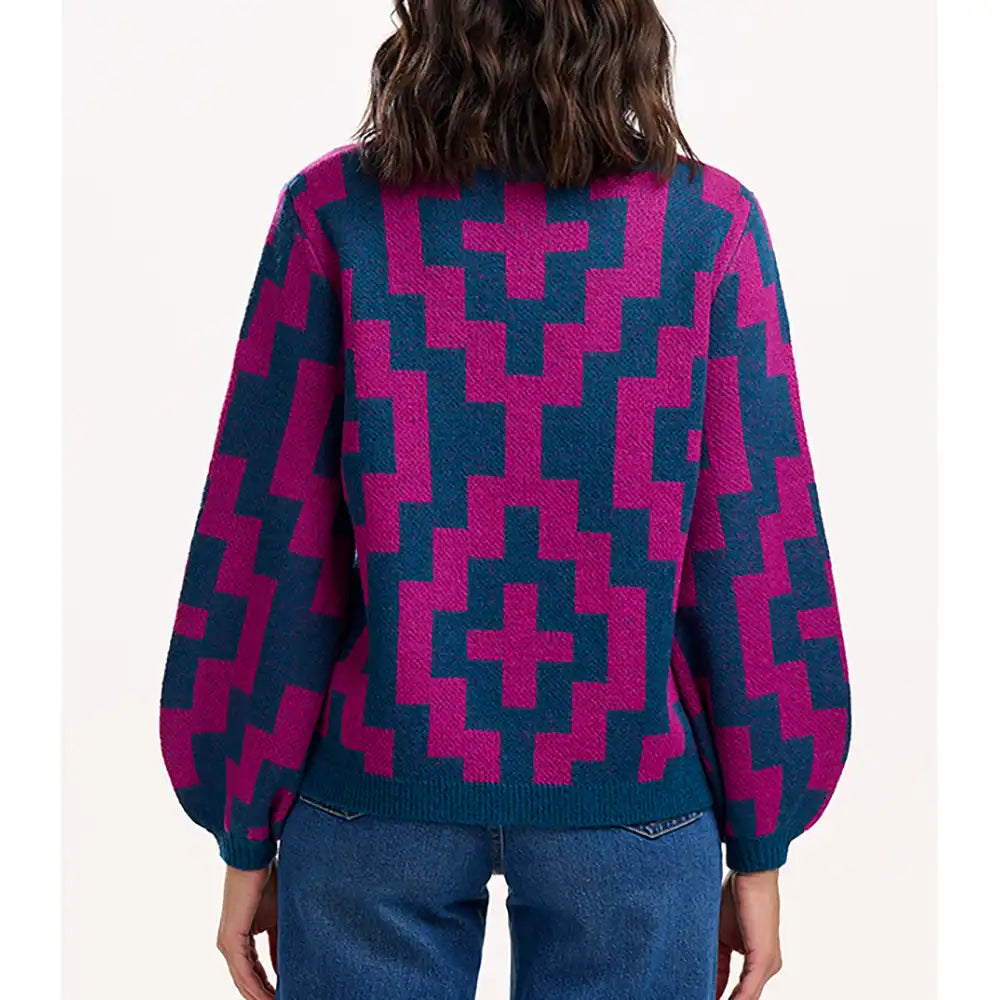 Person wearing a blue and pink geometric patterned sweater on a white background