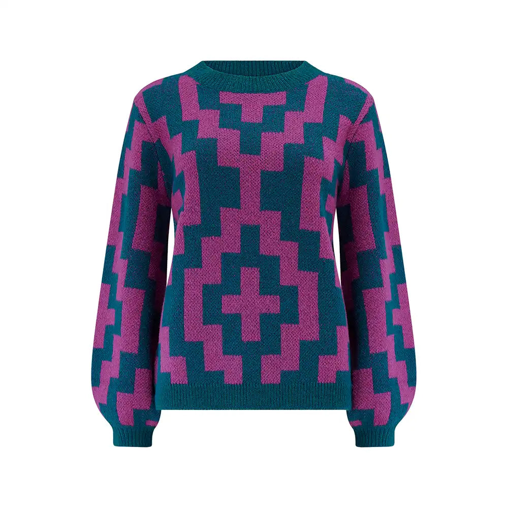 Teal and pink geometric patterned sweater on a white background