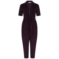 Short sleeved, cropped leg dark plum coloured, zip-up  boilersuit in a white studio environment.