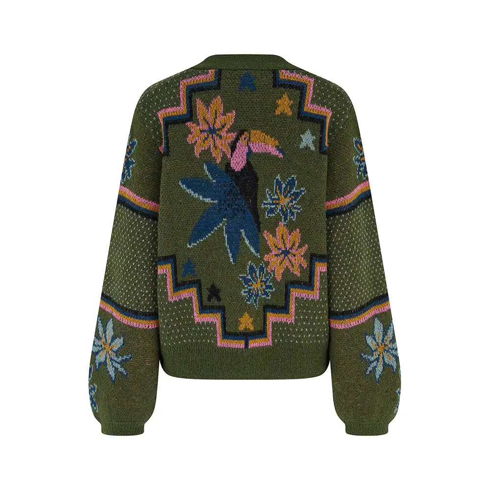 Khaki Green Floral and Toucans Cardigan