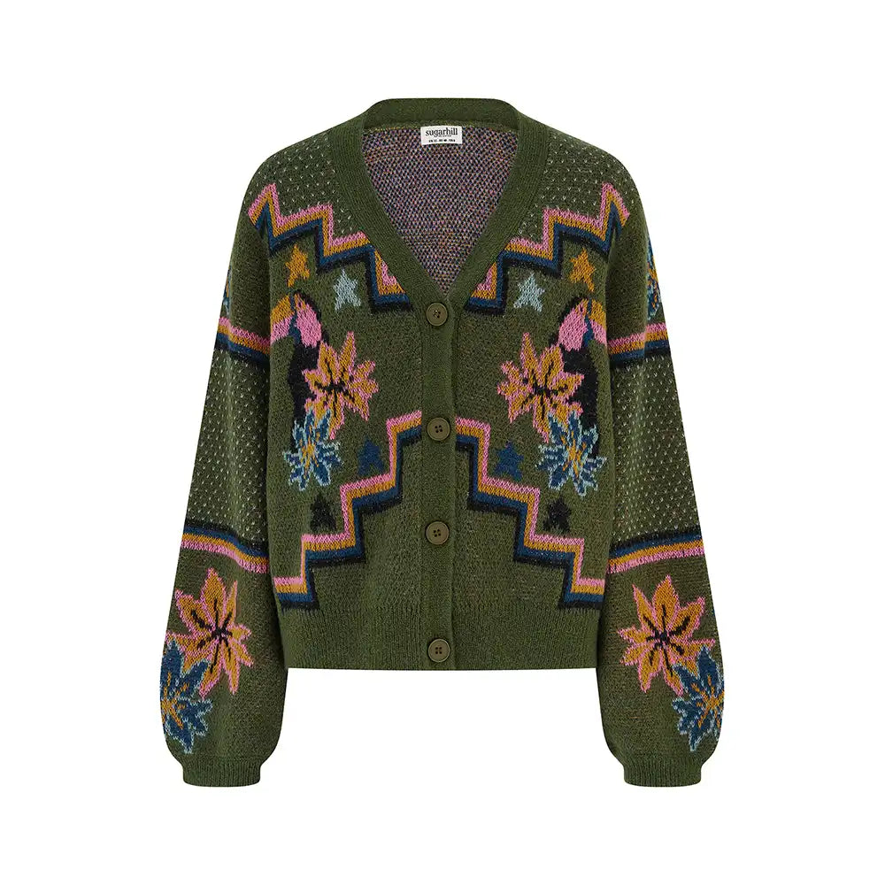 Khaki green four button cardigan with flowers and toucans pattern. She is in a white studio environment.