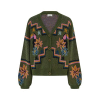 Khaki green four button cardigan with flowers and toucans pattern. She is in a white studio environment.