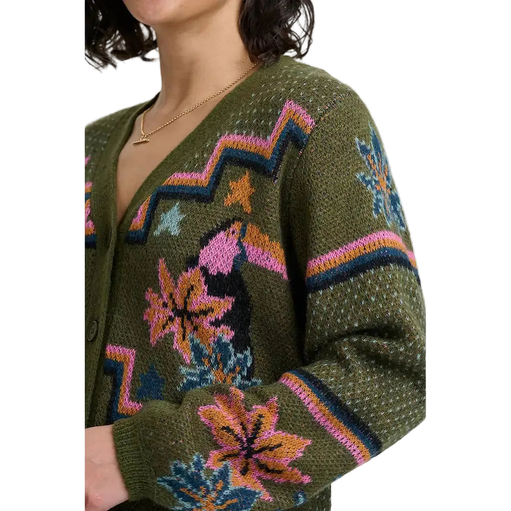 Woman wearing khaki green four button cardigan with flowers and toucans pattern. She is in a white studio environment.