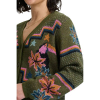 Woman wearing khaki green four button cardigan with flowers and toucans pattern. She is in a white studio environment.