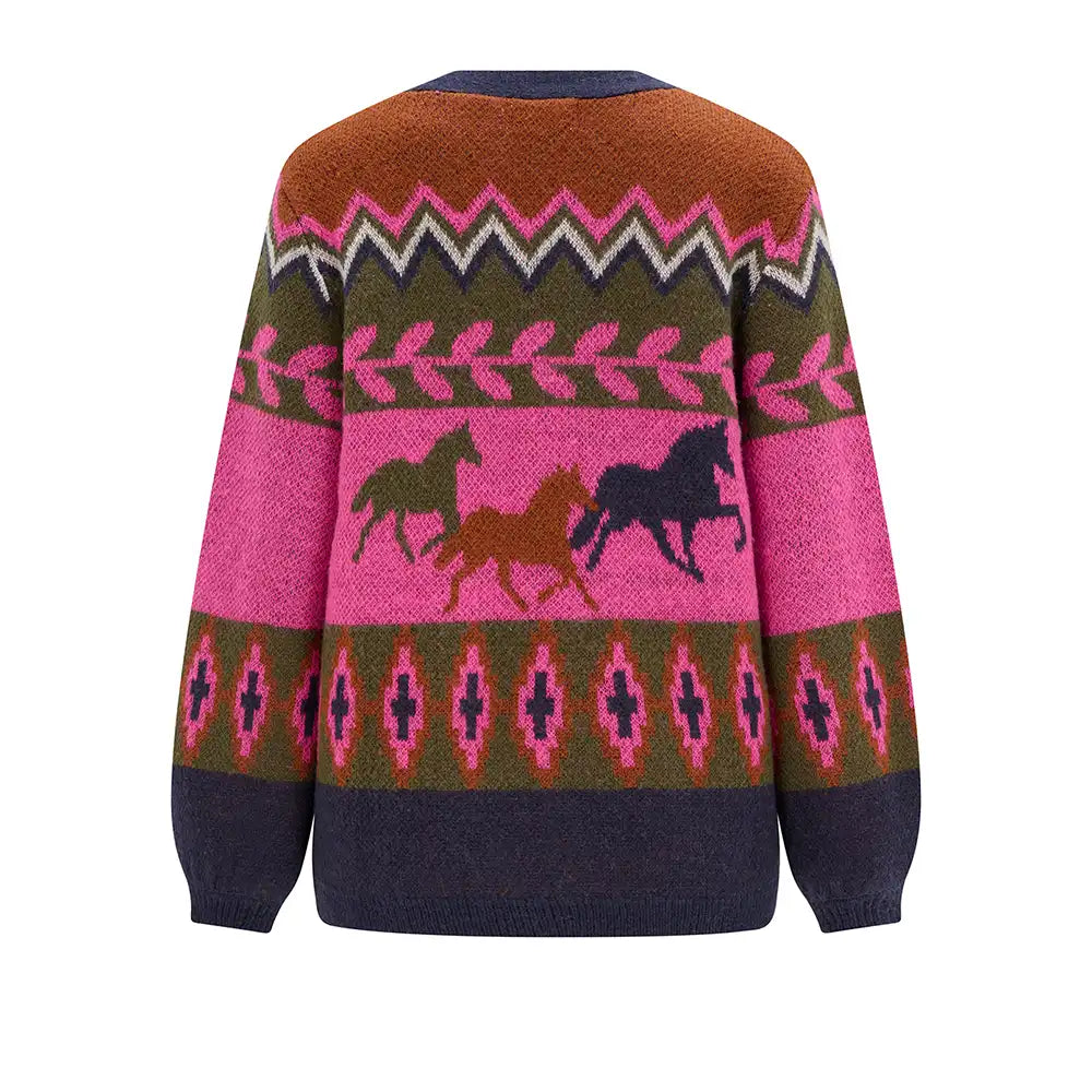 Cardign with a running horses motif showing the back of the garment. A white studio setting.