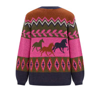 Cardign with a running horses motif showing the back of the garment. A white studio setting.