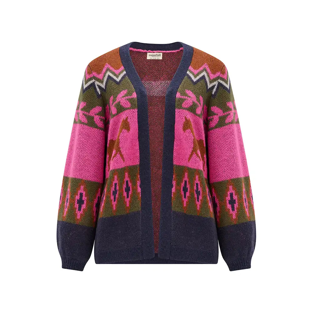 A multi coloured cardign with a running horses motif. 