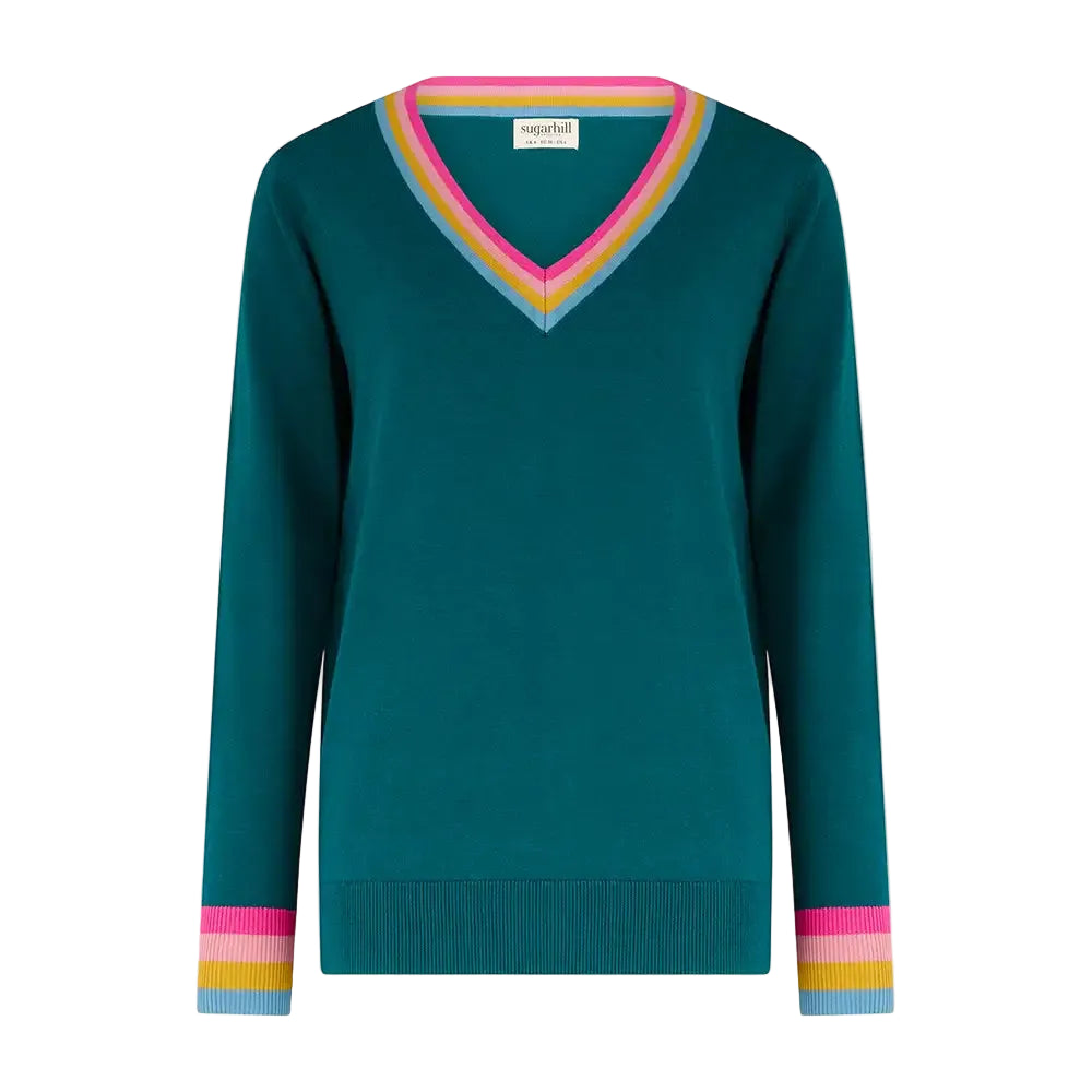 A teal green long-sleeve V-neck sweater with colorful striped trim at the neckline and cuffs, shown on a plain white background.