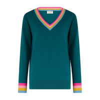 A teal green long-sleeve V-neck sweater with colorful striped trim at the neckline and cuffs, shown on a plain white background.