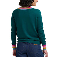 A woman shown from the back wearing a dark teal green crewneck sweater with colorful striped ribbing at the collar and cuffs.