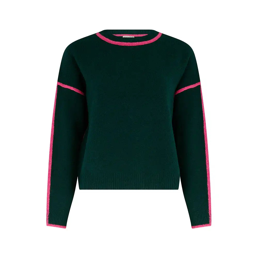 A dark green knit sweater with bright pink contrast trim along the crew neck, sleeve cuffs, and upper arms, shown against a plain white background.