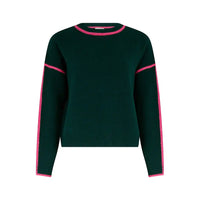 A dark green knit sweater with bright pink contrast trim along the crew neck, sleeve cuffs, and upper arms, shown against a plain white background.