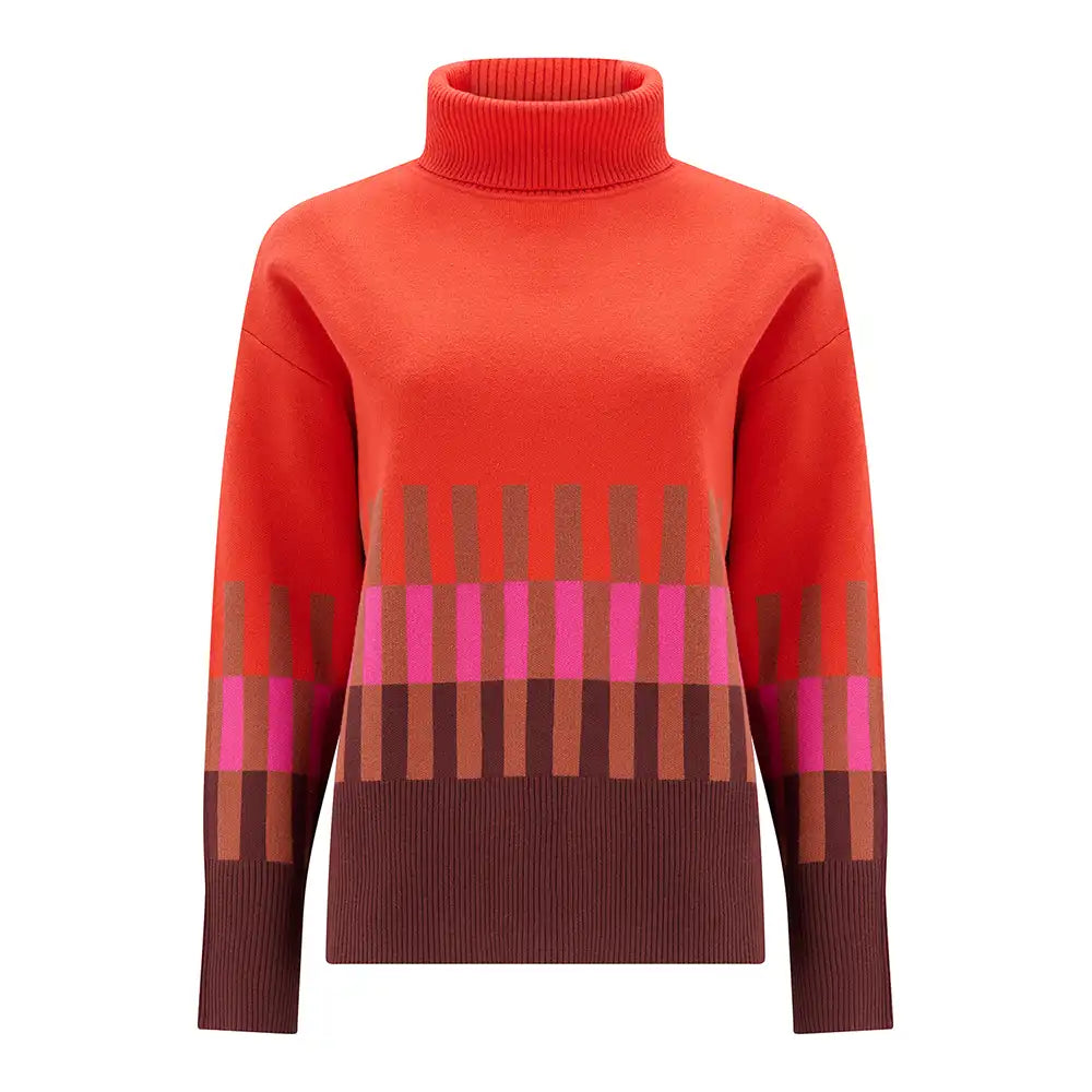 A bright orange-red knit turtleneck sweater with a geometric pattern of vertical and horizontal stripes in brown, pink, and orange on the lower half and sleeves, set against a plain white background.