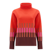 A bright orange-red knit turtleneck sweater with a geometric pattern of vertical and horizontal stripes in brown, pink, and orange on the lower half and sleeves, set against a plain white background.