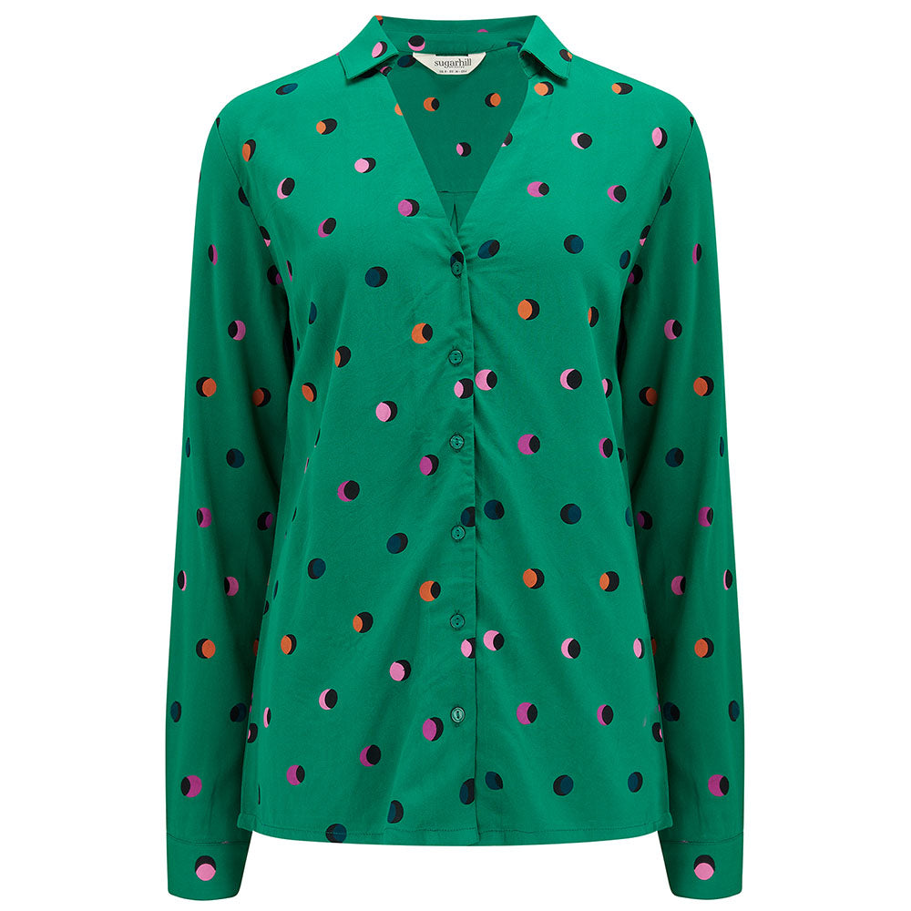 Green Shirt with Rainbow Polka Dots